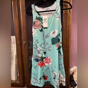 Hibelle Brand New Woman’s Sz S Teal Blue Floral Summer Tank Top Sundress pockets